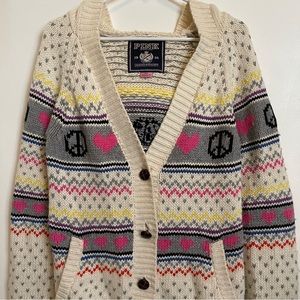 VS PINK peace, love and pink fair isle hoodie heavy knit cardigan sweater
